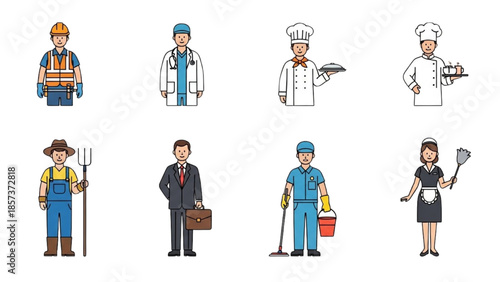 Diverse occupations represented by cartoon characters in various uniforms and settings