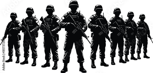 Military soldiers silhouette illustration, armed army squad standing formation with rifles, black white vector defense security concept power teamwork protection