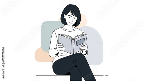 A woman sitting and reading a book in a relaxed environment from a straightforward viewpoint
