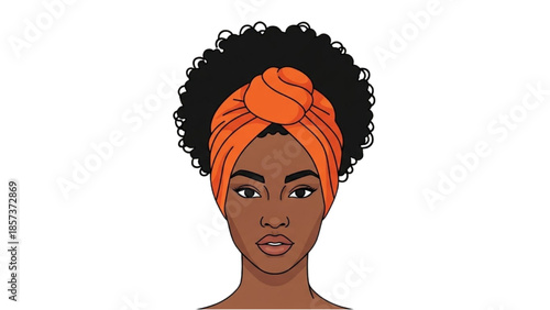 Illustration of a young woman with an orange headwrap and curly hair