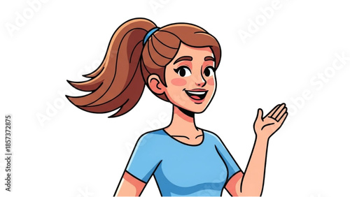 A young girl in a blue t-shirt waving happily with a friendly gesture
