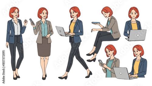 Illustration of a red-haired businesswoman in various poses with laptops and smartphones in a modern office setting from multiple viewpoints