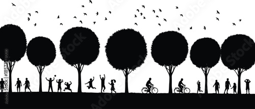 people silhouettes in park, family outdoor activity, trees landscape, cycling walking jogging, nature recreation concept, birds flying, black white illustration
