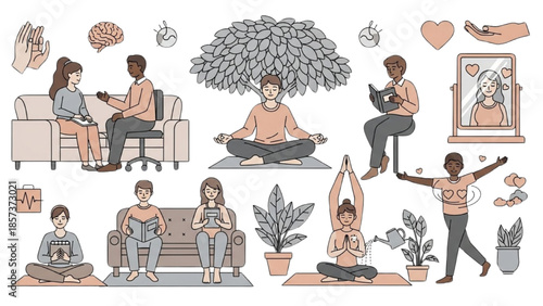 People engaging in various yoga and meditation practices in a serene home environment