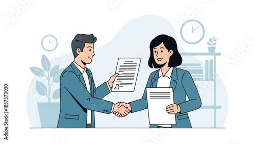 Two business professionals shaking hands in a modern office setting with documents being exchanged