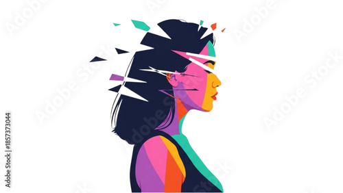 Vibrant illustration of a woman's profile with abstract fragmented facial features and bold colors
