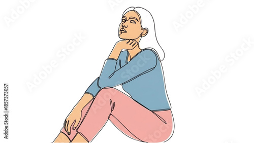 A young woman sitting contemplatively with her hand on her chin, lost in thought