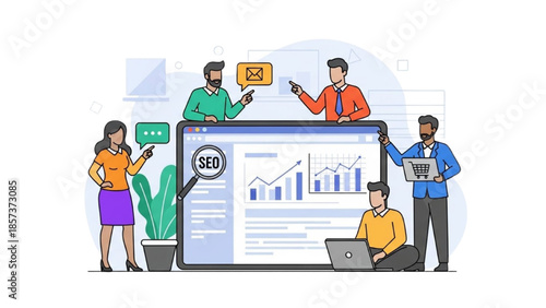 People analyzing data on a large screen in a modern office environment from a slight overhead viewpoint