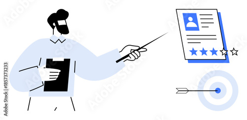 Man with clipboard assessing candidate resume, pointing to targets and goals. Ideal for HR, hiring, recruitment, employee evaluation, job performance, goal setting strategic planning. Simple flat