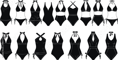 Women's swimwear silhouette vector collection, black bikini and one piece bathing suit set, summer beachwear fashion illustration icons, flat design.