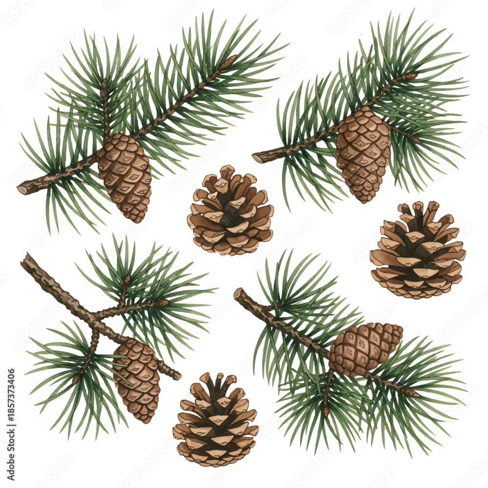 Fototapeta premium Pine cones resting on green Christmas tree branches create a natural winter holiday decoration