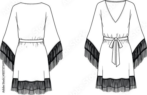 Women's kimono tunic with fringe trim, v-neck beach cover up vector sketch, front and back technical fashion illustration.