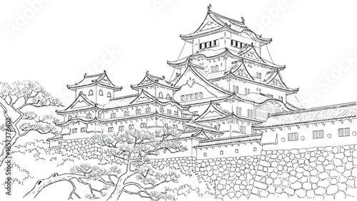 Architectural sketch of a traditional east asian palace with tiered roofs and gardens
