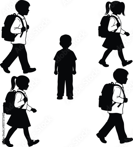 School children silhouettes illustration, kids walking with backpacks, black and white student figures, education journey concept, childhood learning activity