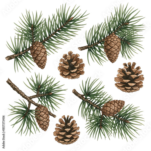 Pine cones resting on green Christmas tree branches create a natural winter holiday decoration
