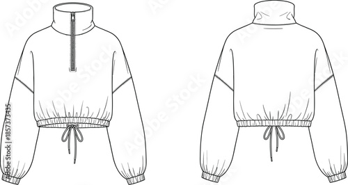 Women's cropped sweatshirt technical fashion illustration, half zip pullover vector sketch with drawstring hem