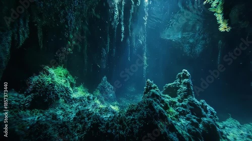 Deep underwater cave, glowing teal formations