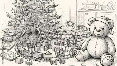 Messy living room floor with a Christmas tree, many gifts, and a large teddy bear
