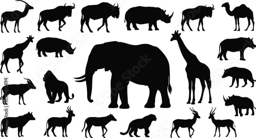 Here is a title and a comprehensive list of keywords, optimized for Adobe Stock and SEO, based on the mixed safari animal silhouette image you provided.