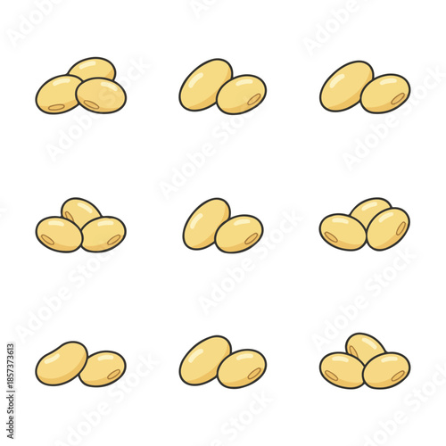 Collection of nine illustrations depicting various clusters of soybeans, showcasing their distinct shapes and arrangements