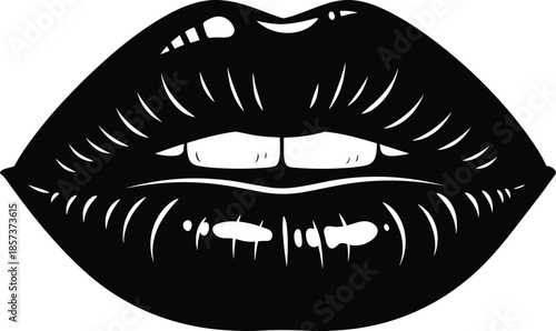 Stylish lips silhouette illustration, black and white sensual mouth art, fashion beauty icon, glossy lipstick texture, modern cosmetic design concept
