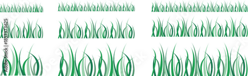 Green grass silhouettes arranged in multiple styles on white. Clean botanical elements show natural growth and lawn variety. Perfect for landscape design nature projects and eco backgrounds.