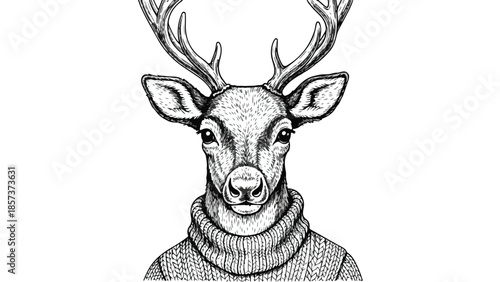 Close up portrait sketch of a majestic reindeer with large antlers in a sweater