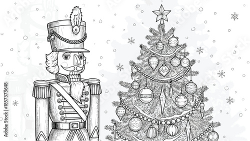Illustration of a Nutcracker soldier standing next to a decorated Christmas tree