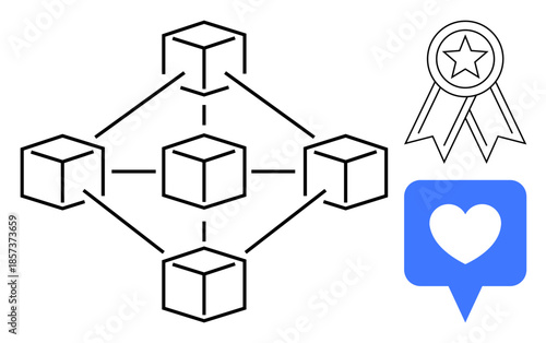 Blockchain technology, digital communication, social networking, online trust, data validation, reputation systems. Diagram of connected cube structures, badge and heart icon. Blockchain and online