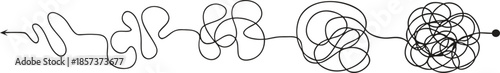 Abstract line progression from smooth flow to chaotic scribble on white. Continuous hand drawn stroke visualizes process thinking confusion and complexity. Ideal for concept art psychology growth 