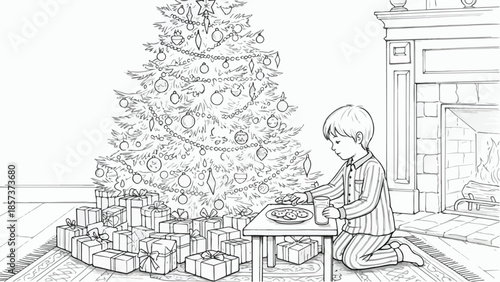 Small child sitting under a Christmas tree opening gifts in a cozy living room