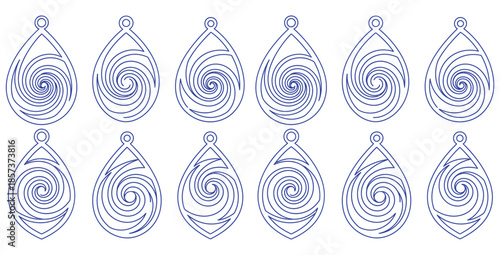 Twelve unique teardrop shaped earring laser cut files featuring intricate swirling vortex or spiral designs perfect for jewelry making projects and digital crafting templates