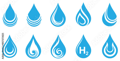 Collection of ten distinct blue water drop icons featuring various stylized wave and swirl designs perfect for environmental branding or liquid related technology applications