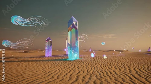 Crystals and jellyfish in a desert landscape