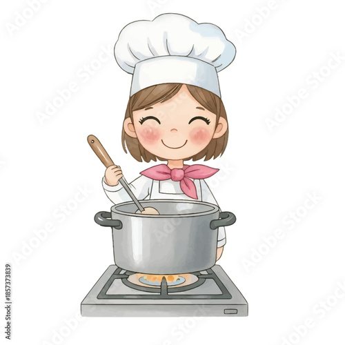 A little girl chef cooks soup in a kitchen using a pan and spoon