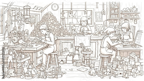 Detailed sketch of a busy magical workshop filled with toys and gifts