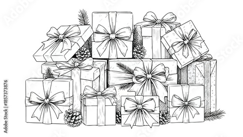 Large stack of beautifully wrapped Christmas gifts with ribbons and pine cones