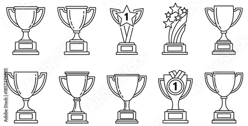 A collection of ten distinct black and white line art icons representing various trophy designs celebrating victory achievement excellence and first place awards ready for graphic design projects