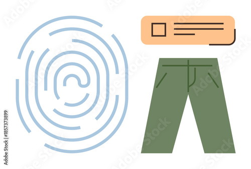 Fingerprint pattern, green pants, ID card illustration suggesting identity, authentication, and data protection. Ideal for cybersecurity, privacy, personal data, biometrics access control digital