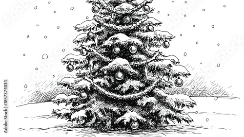 Large majestic Christmas tree covered in snow and decorated with ornaments