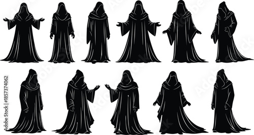 Mysterious Hooded Figures Silhouettes Set, Dark Cloaked Wizard or Monk Icons, Black Silhouette Collection, Fantasy, Cult, Robes, Halloween Costume Graphics