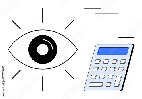 Visionary thinking, financial analysis, data verification, technology usage, digital tools, observation. Bold eye symbol and calculator with a blue display. Visionary thinking and financial analysis
