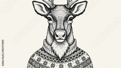 Portrait sketch of a reindeer wearing a patterned knitted winter sweater
