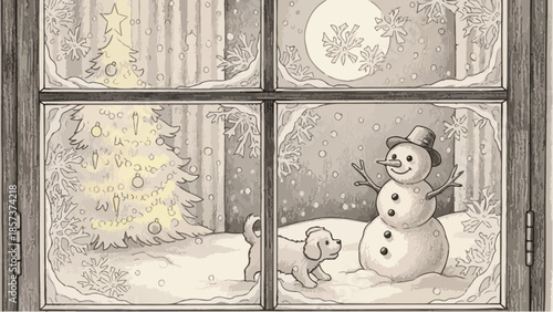 Cozy window view of a snowman outside on a snowy winter night