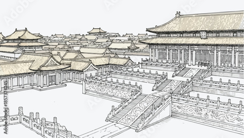 Perspective view of an ancient imperial palace complex with traditional roofs