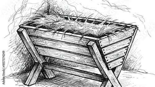 Traditional rustic wooden manger filled with straw for a nativity scene