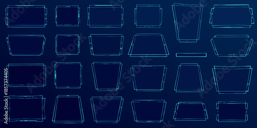 A collection of glowing blue neon frames and rectangular shapes on dark background