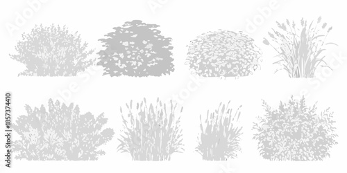 Silhouettes of various shrub and bush shapes in a grayscale style