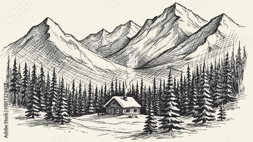 Scenic landscape sketch of a wooden cabin nestled in pine forest and mountains