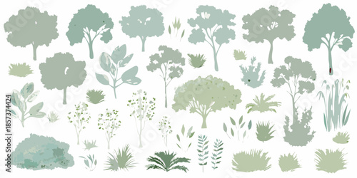 A collection of stylized trees bushes and foliage in muted green tones